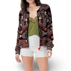 Love Stitch Freyja Embroidered Floral Bomber Jacket Size Medium Embellished Boho